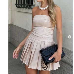 Zara Strapless Striped Pleated Hem Mini Dress Pale Pink Size Small